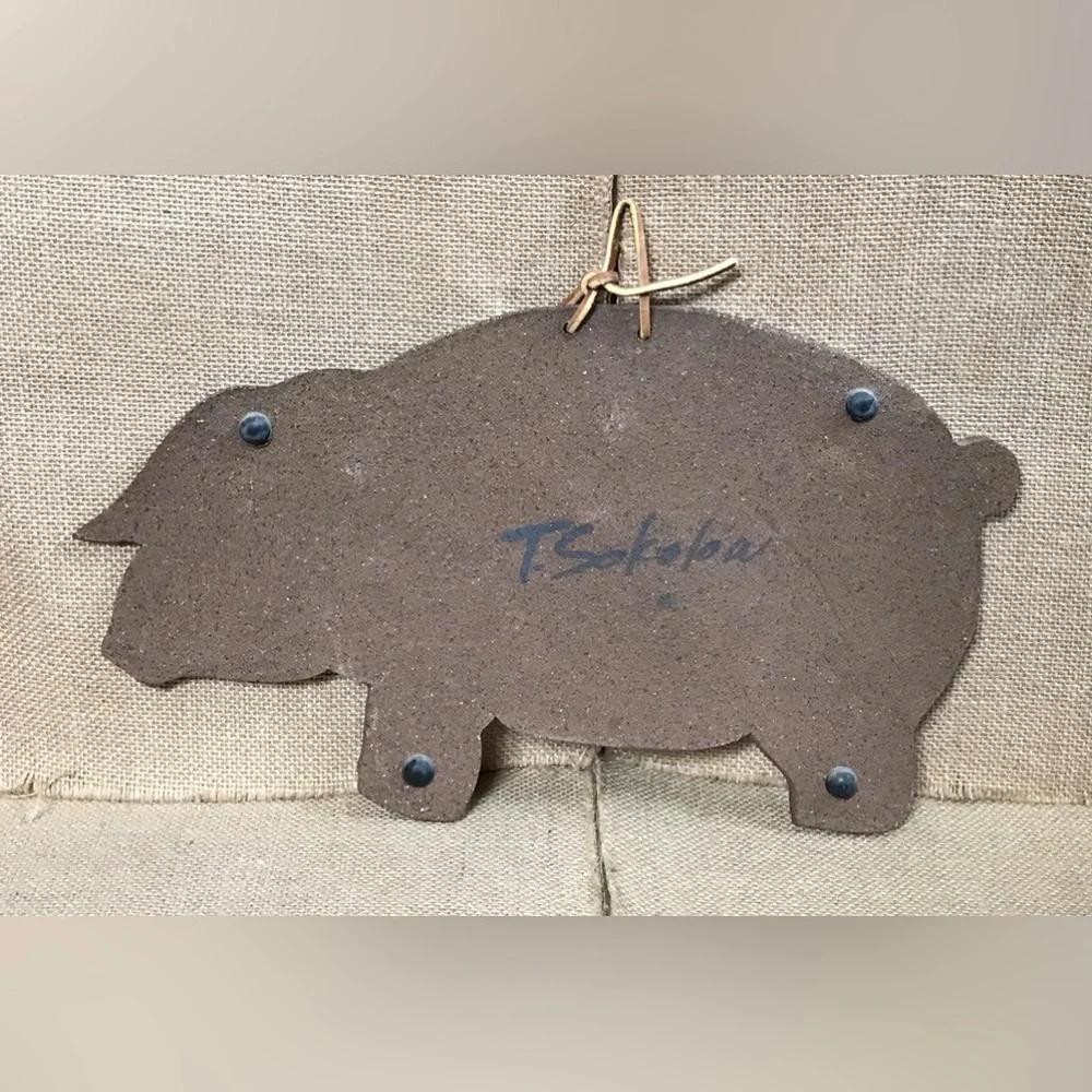Vintage Speckled Pig Art Pottery Wall Hanging Signed Farmhouse Farm Cottage Core